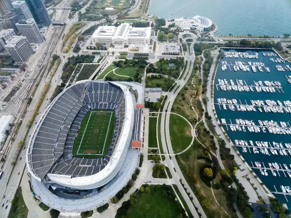 Bird's eye view: Soldier Field, The Field Museum, Shedd Aquarium and marina