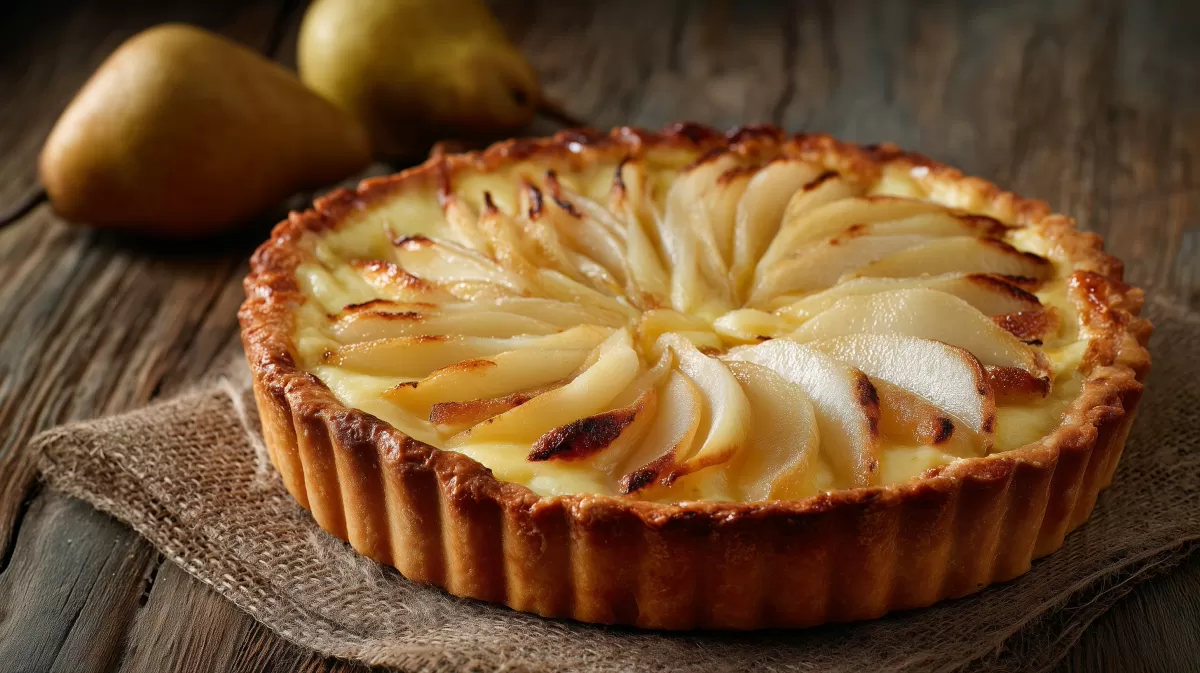 Birnen-Tarte mit Blütenmuster auf rustikalem Holz