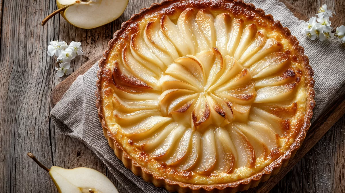Birnentarte mit Fächermuster auf rustikalem Holz