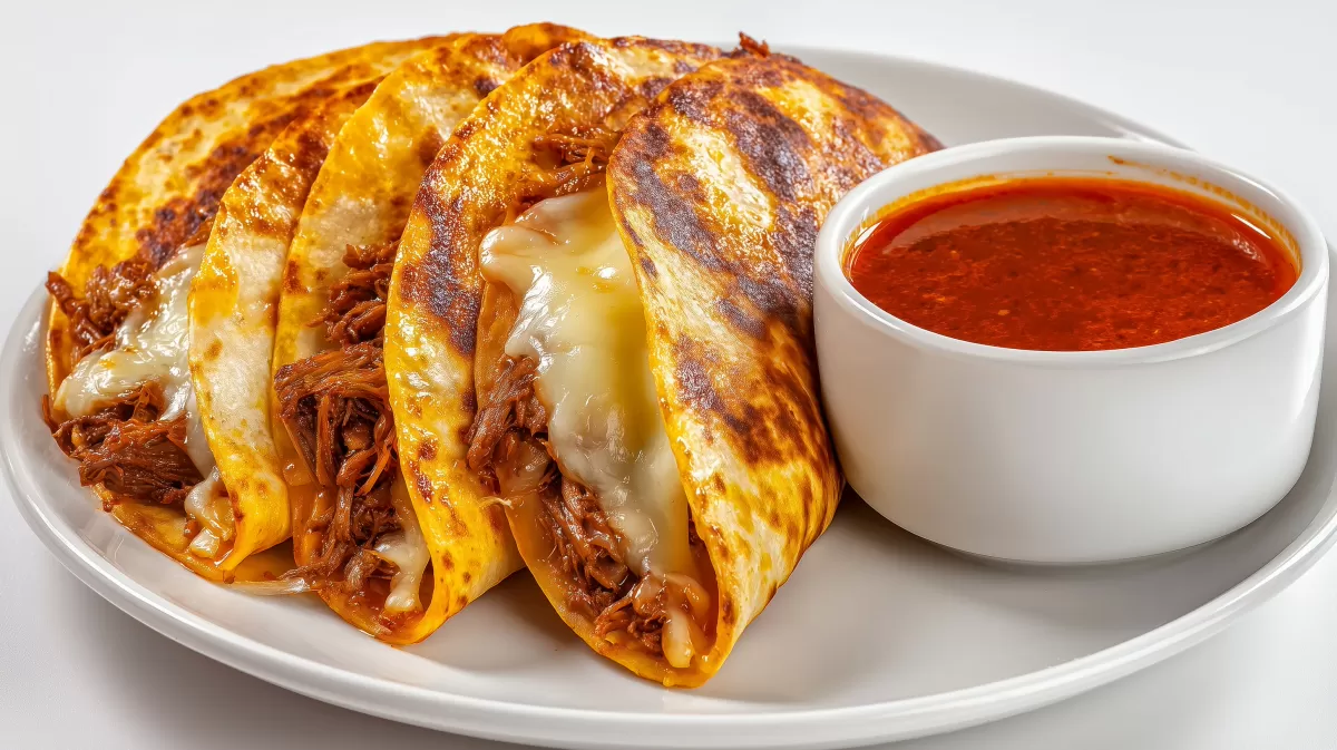 Birria Tacos mit geschmolzenem Käse und Dipsauce