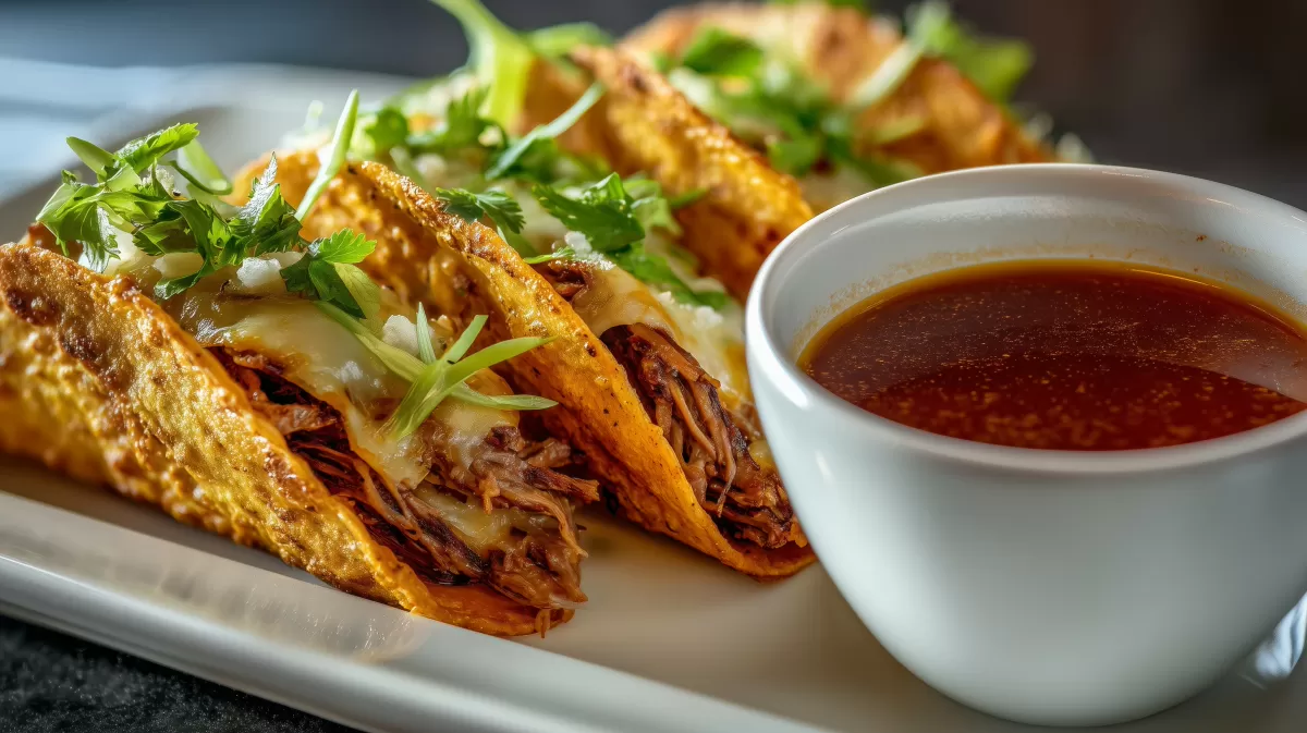 Birria Tacos mit Schmorfleisch und Dipping-Consommé