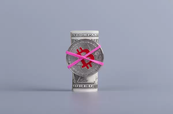 Bitcoin attached at moneyroll on grey background