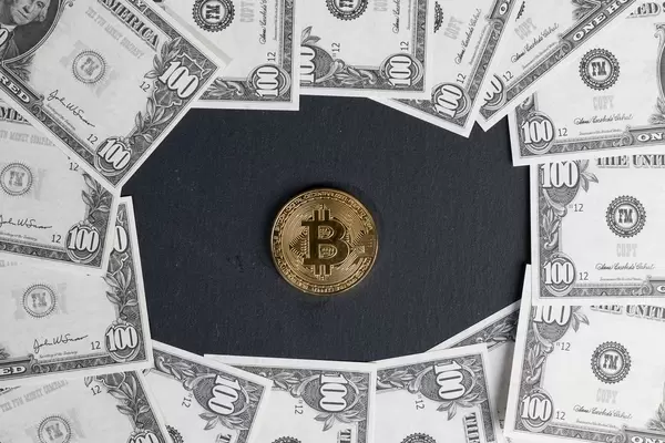 Bitcoin auf schwarzem Hintergrund umringt von 100-Dollar-Noten
