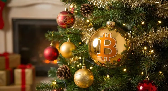 Bitcoin-Christbaumkugel am geschmückten Weihnachtsbaum