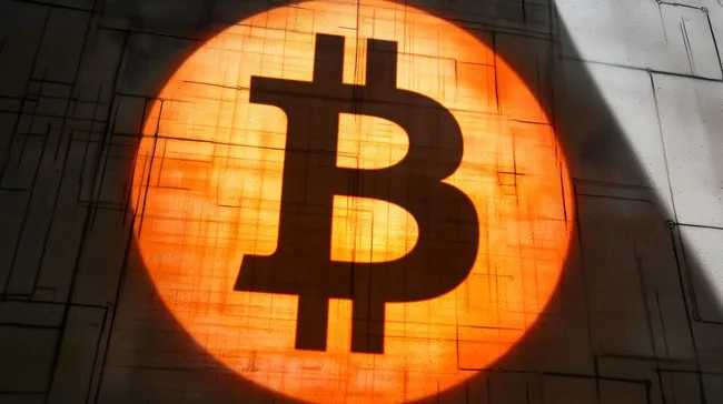 Bitcoin-Logo als Projektion auf Backsteinwand