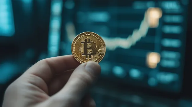 Bitcoin-Münze in Hand vor Aktienkurs-Diagramm