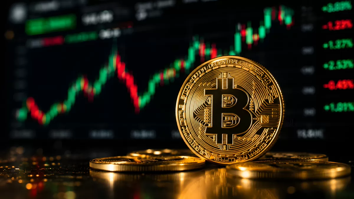 Bitcoin-Münze vor Kursdiagramm mit Candlestick-Chart