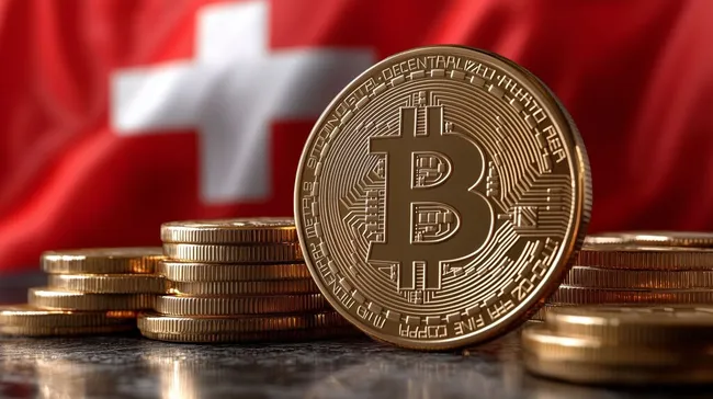Bitcoin-Münze vor Schweizer Flagge