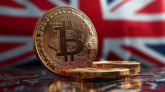 Bitcoin-Münze vor Union-Jack-Flagge