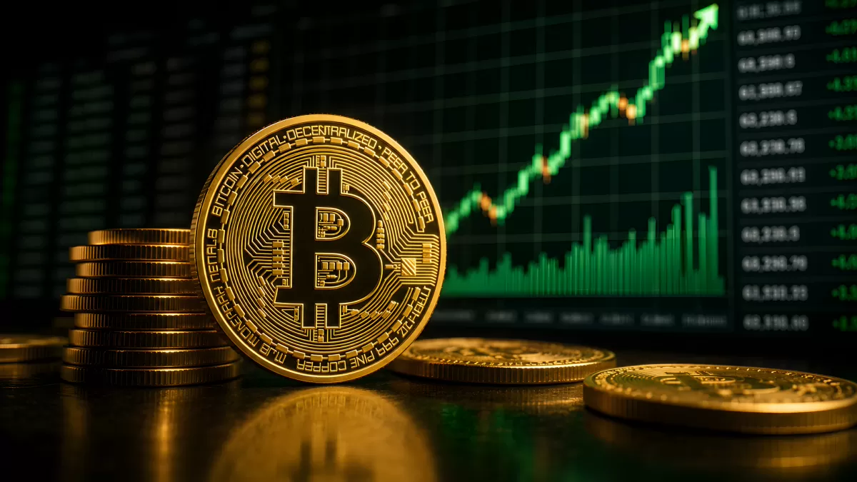 Bitcoin-Münzen vor grünem Kursanstieg-Diagramm