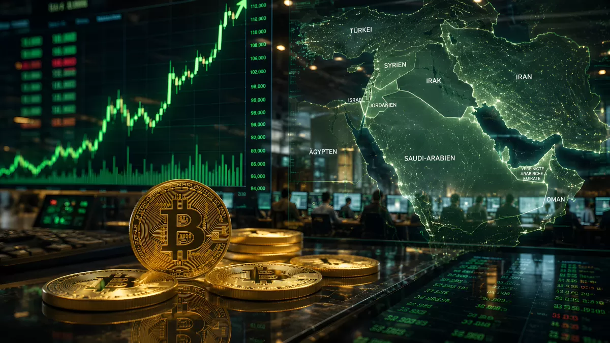 Bitcoin-Münzen vor Nahost-Karte mit Kursanstieg