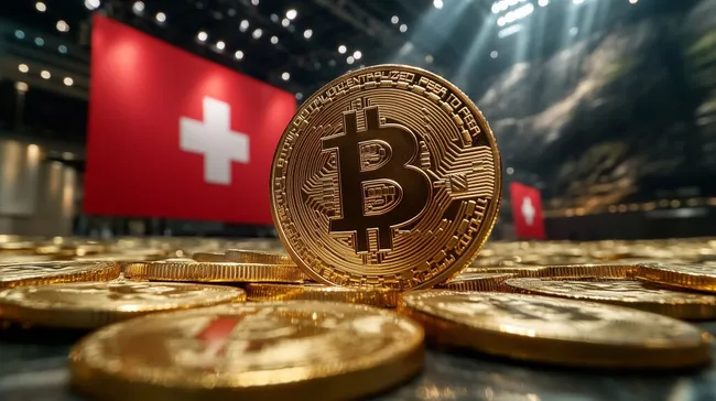 Bitcoin-Münzen vor Schweizer Flagge