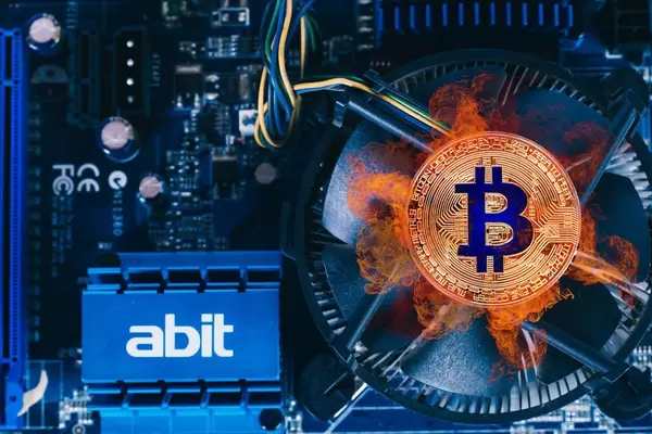 Bitcoin on fire on computer cooling fan