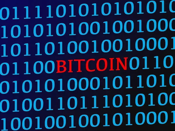 Bitcoin red text between blue binary data on screen