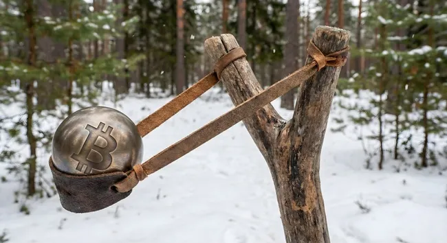 Bitcoin-Schaukel in verschneitem Wald