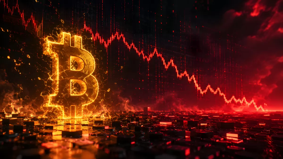 Bitcoin-Symbol in Flammen vor rotem Crashchart
