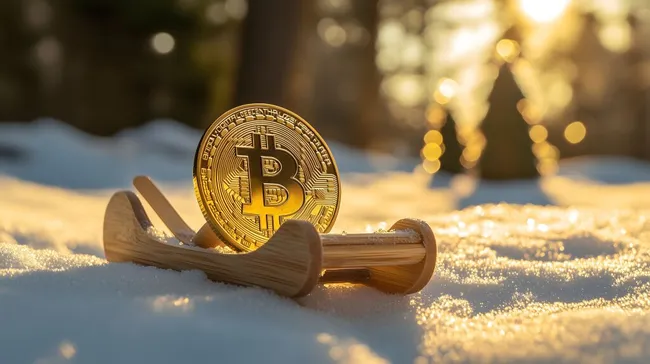 Bitcoinmünze auf Holzschlitten im Schnee
