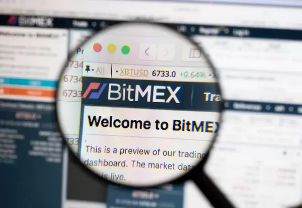 Bitmex logo on a computer screen with a magnifying glass