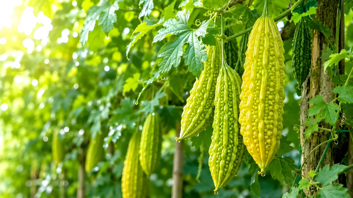 Bittergurken reifen an grünen Ranken im Garten — Bild kostenlos herunterladen