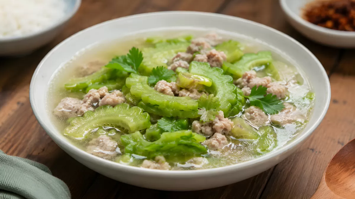 Bittergurkensuppe mit Hackfleisch in weißer Schale