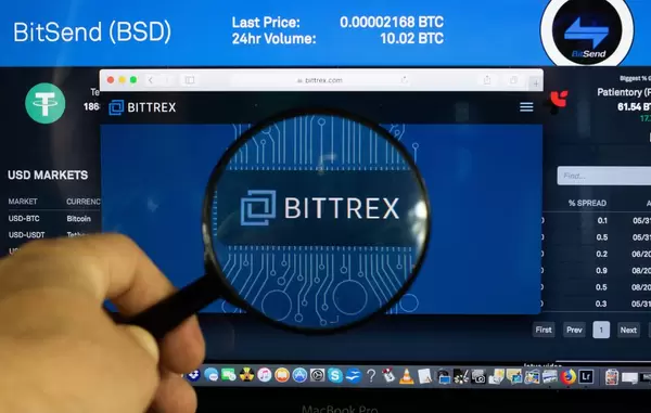 Bittrex-Logo am PC-Monitor, durch eine Lupe fotografiert