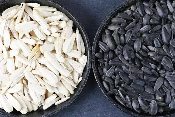 Black and white sunflower seeds in to small pans