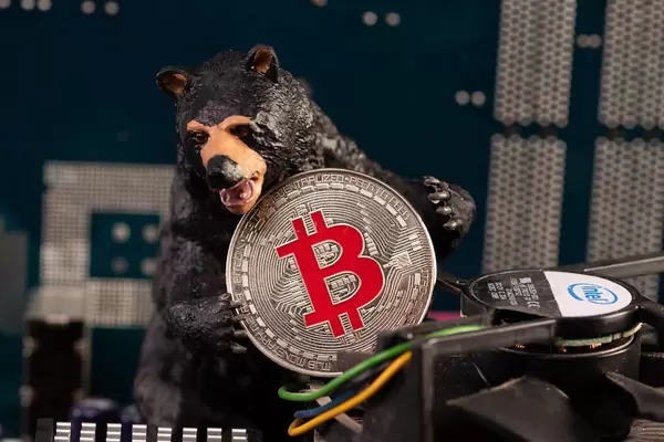 Black bear holding silver Bitcoin coin