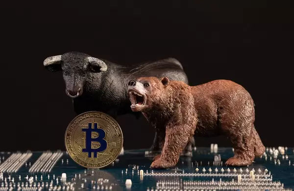 Black bull and brown bear with golden Bitcoin coin