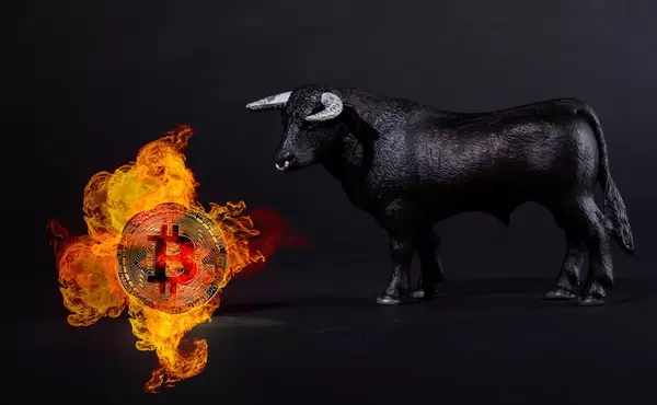 Black bull with Bitcoin in fire on black background