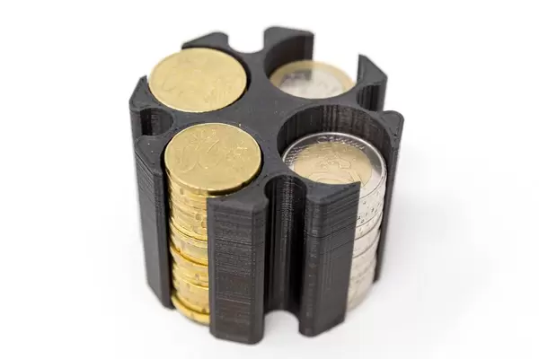 Black coin holder made with a 3D printer for Euro Coins on white ground