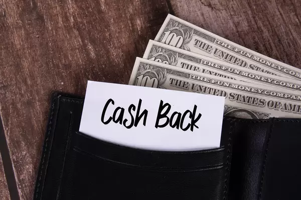 Black leather wallet with Dollar banknotes and note with Cash Back text