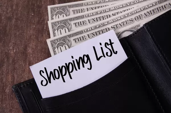 Black leather wallet with Dollar banknotes and note with Shopping List text