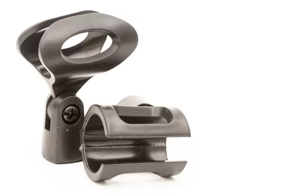 Black Plastic microphone holder isolated above white background with copy space