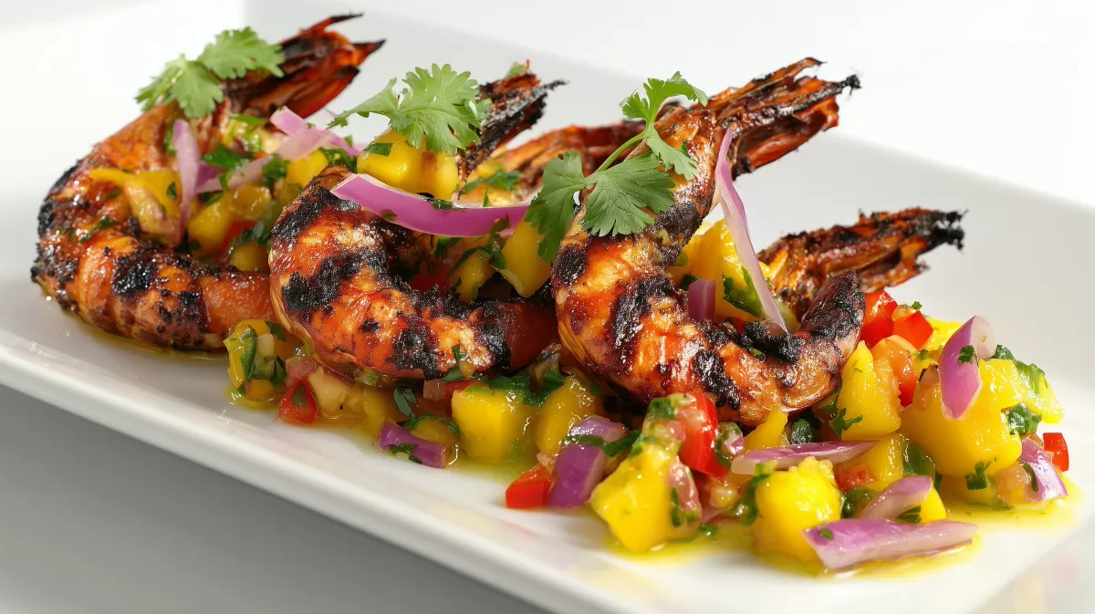Black Tiger Garnelen mit Mango Salsa auf weißem Teller