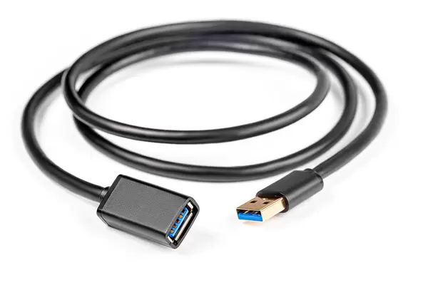 Black USB cable on white background