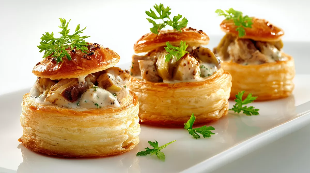 Blätterteig-Pastetchen mit Hähnchenragout auf Teller