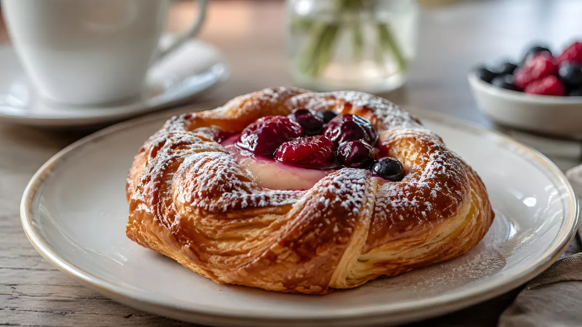 Blätterteiggebäck mit Beeren und Puderzucker