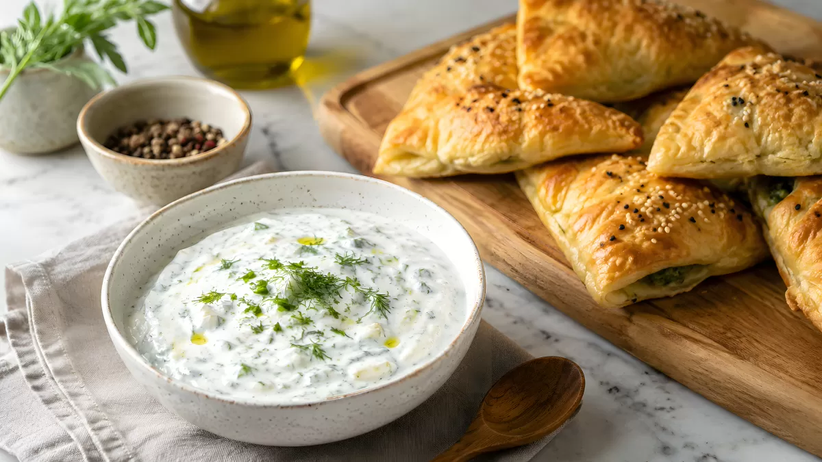 Blätterteiggebäck mit Sesam und Tzatziki-Dip