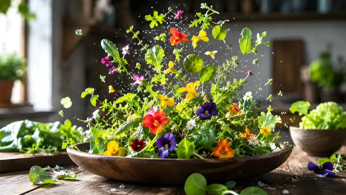 Blattsalat mit bunten Blüten fliegt aus Holzschüssel