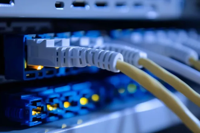 Blau beleuchtetes Netzwerkkabel-Arrangement