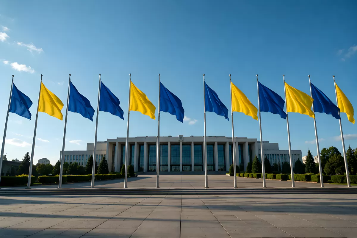 Blau-gelbe Fahnen wehen vor modernem Regierungsgebäude