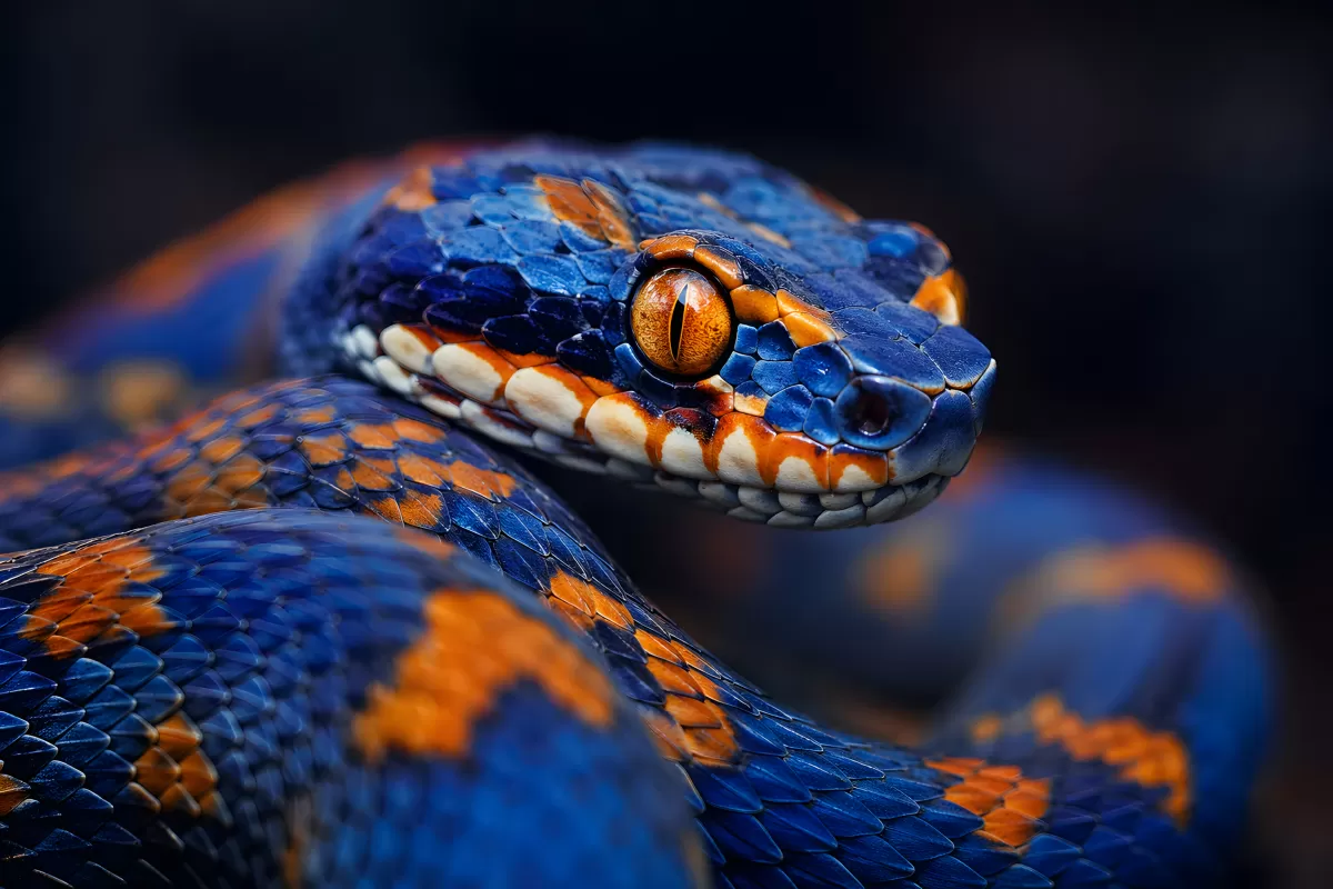 Blau-orangefarbene Schlange in Nahaufnahme