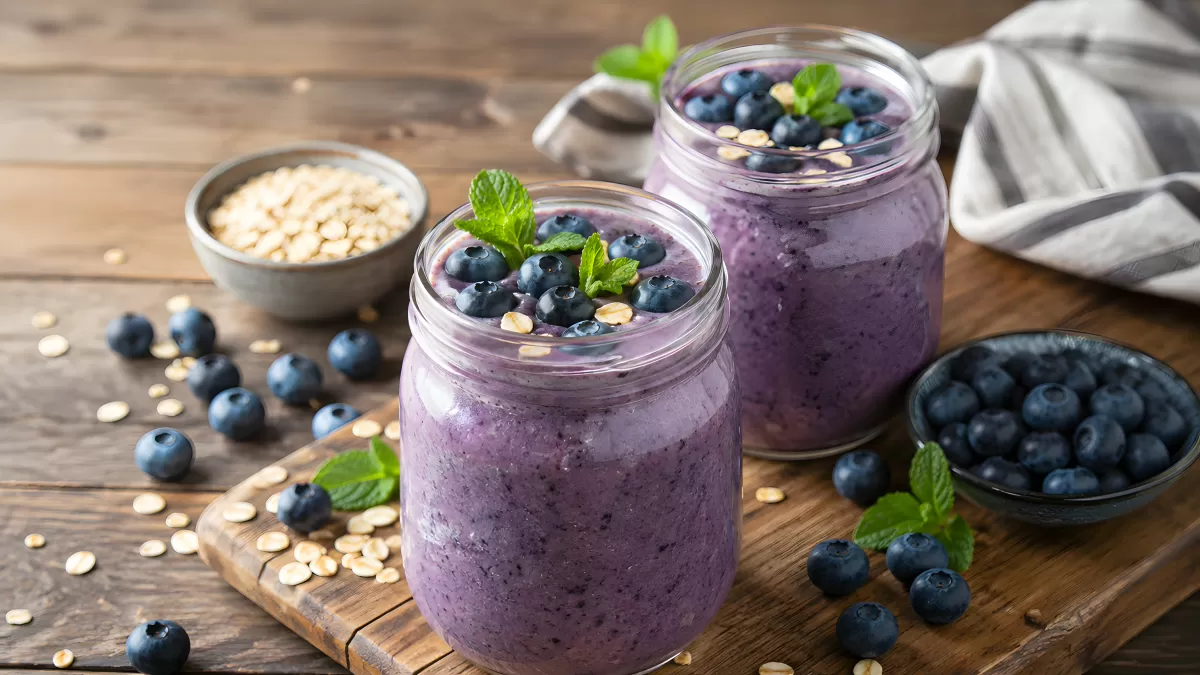 Blaubeer-Smoothie in Gläsern mit Haferflocken