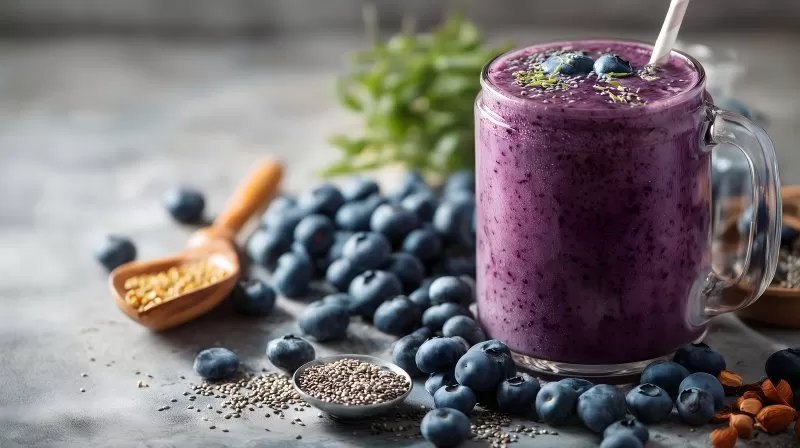 Blaubeer Smoothie mit Chiasamen und frischen Beeren auf Tisch