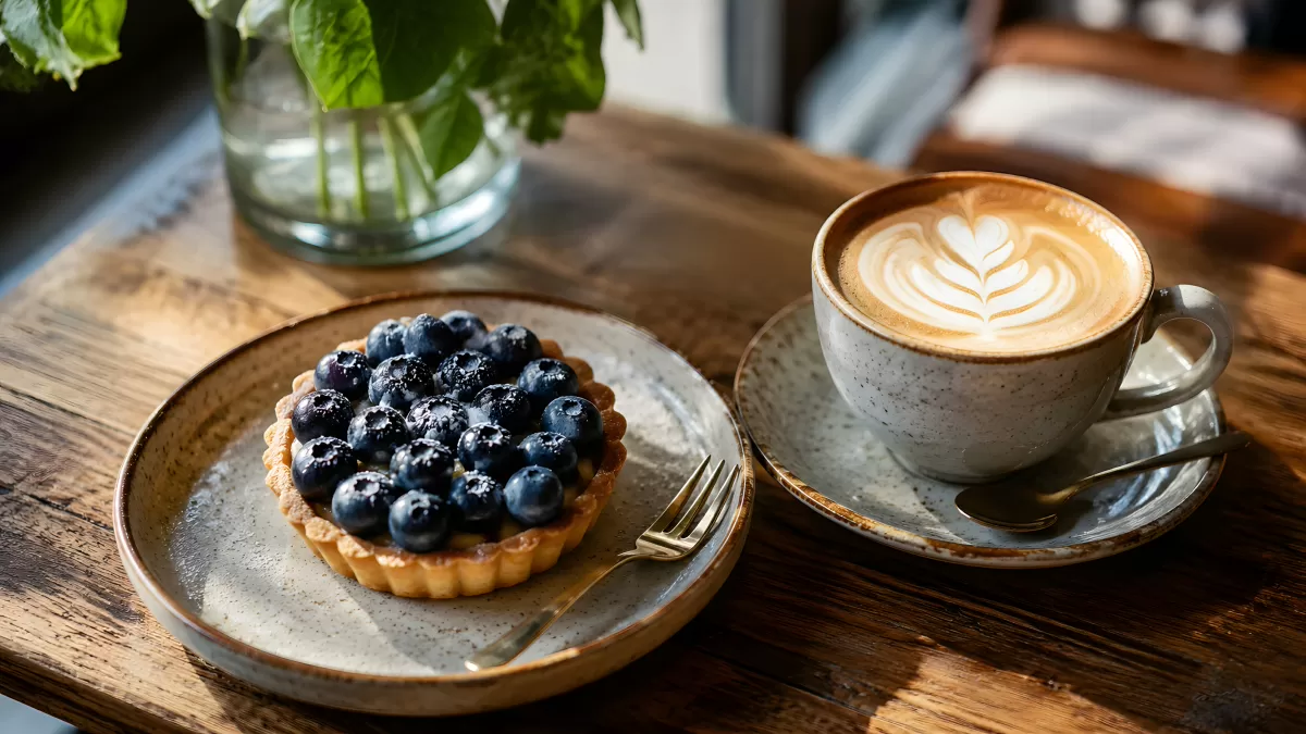 Blaubeertarte und Cappuccino auf Holztisch im Café