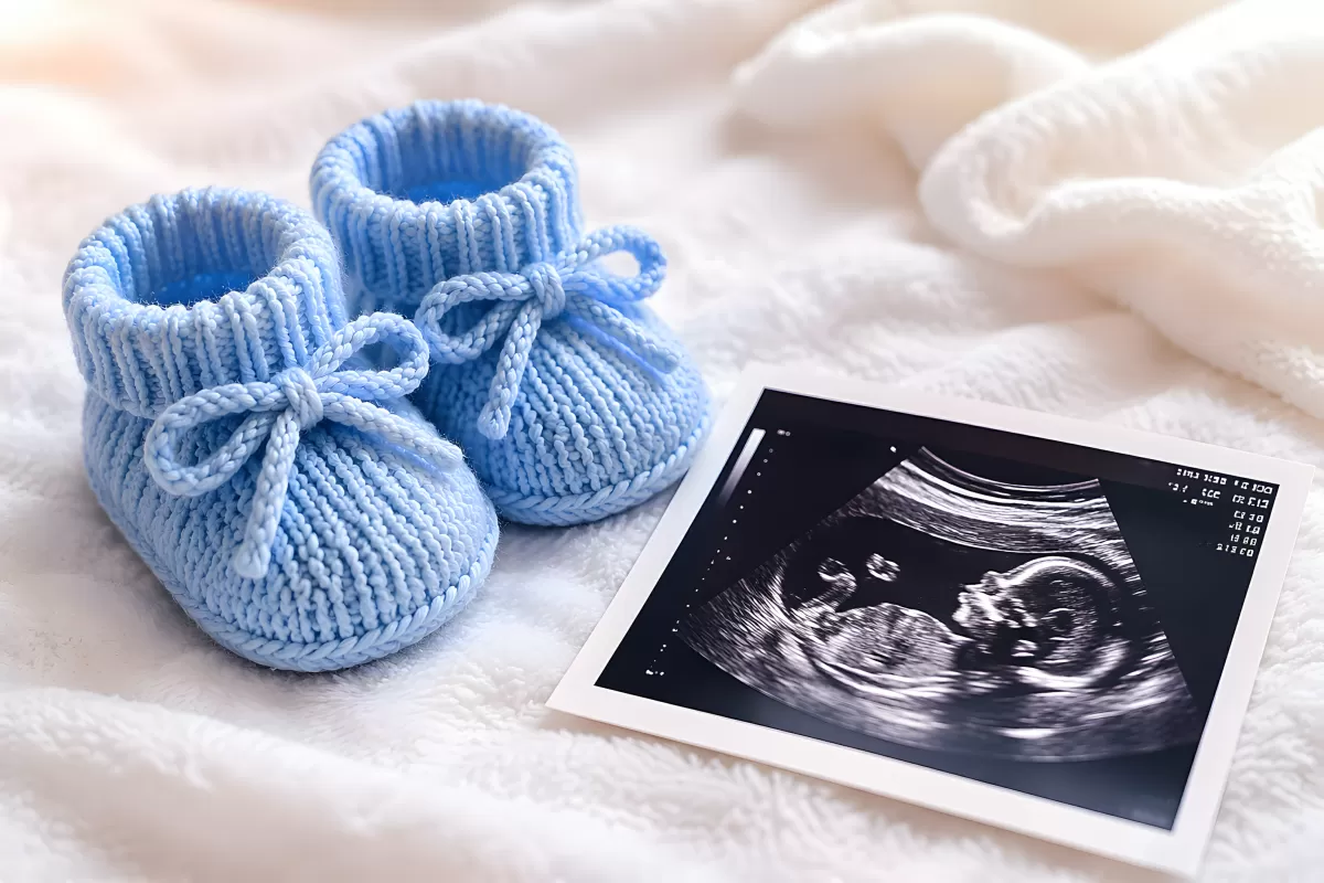 Blaue Babyschuhe und Ultraschallbild auf weißem Tuch