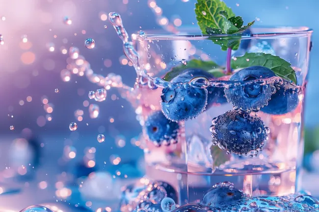 Blaue Beeren in sprudelndem Wasser mit Minzblättern