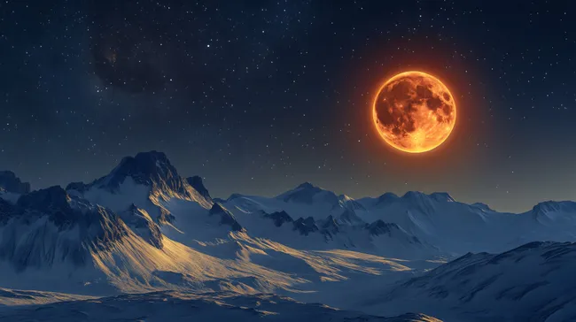 Blaue Berglandschaft unter einem riesigen Blutmond