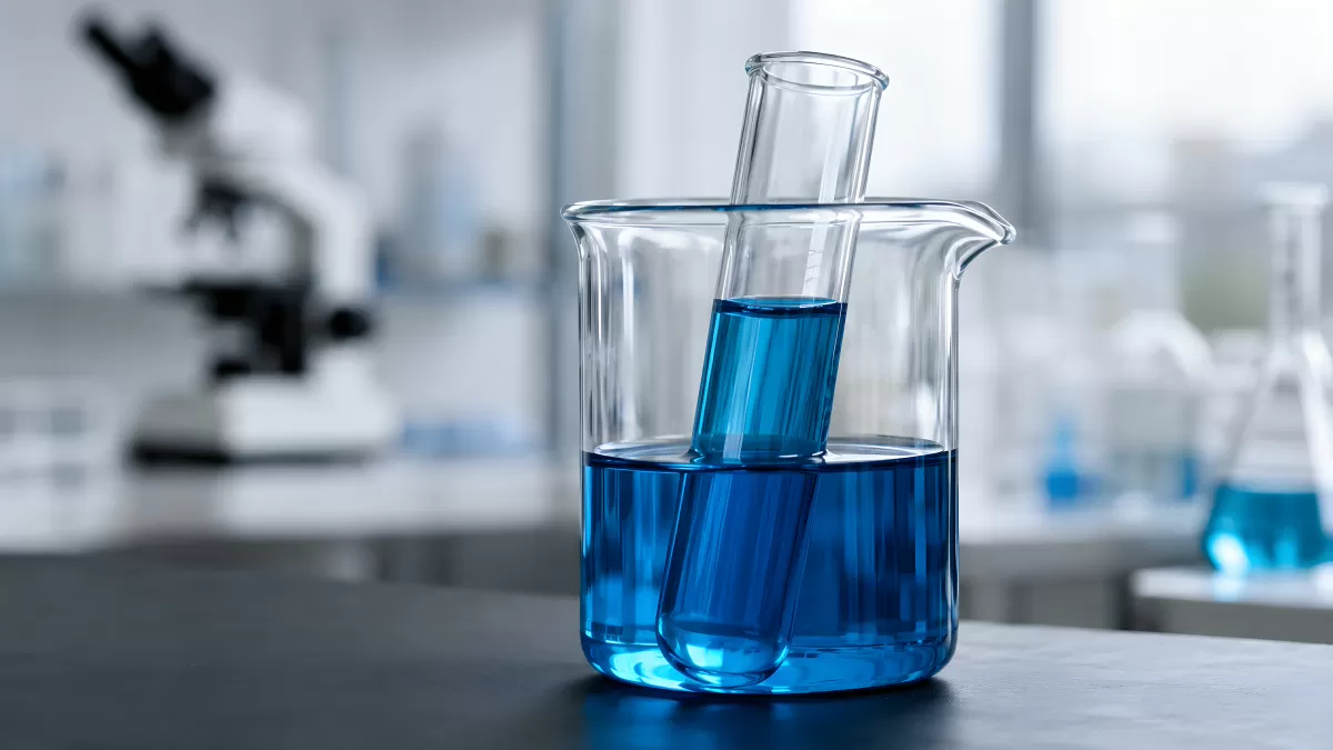 Blaue Chemikalien in Becherglas mit Reagenzglas