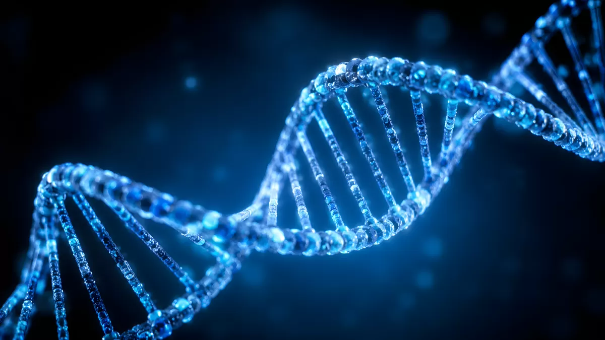 Blaue DNA-Doppelhelix leuchtet auf dunklem Grund